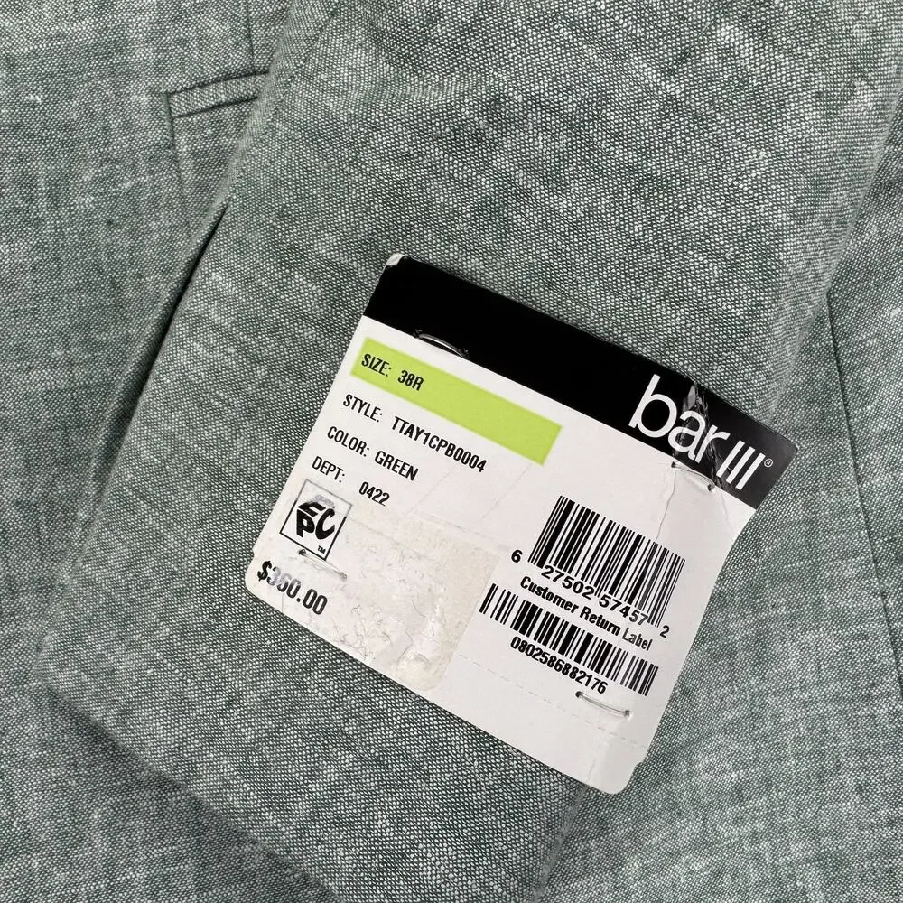 Bar III Mens Slim Fit Linen Cotton Solid Suit Jacket Green 38R